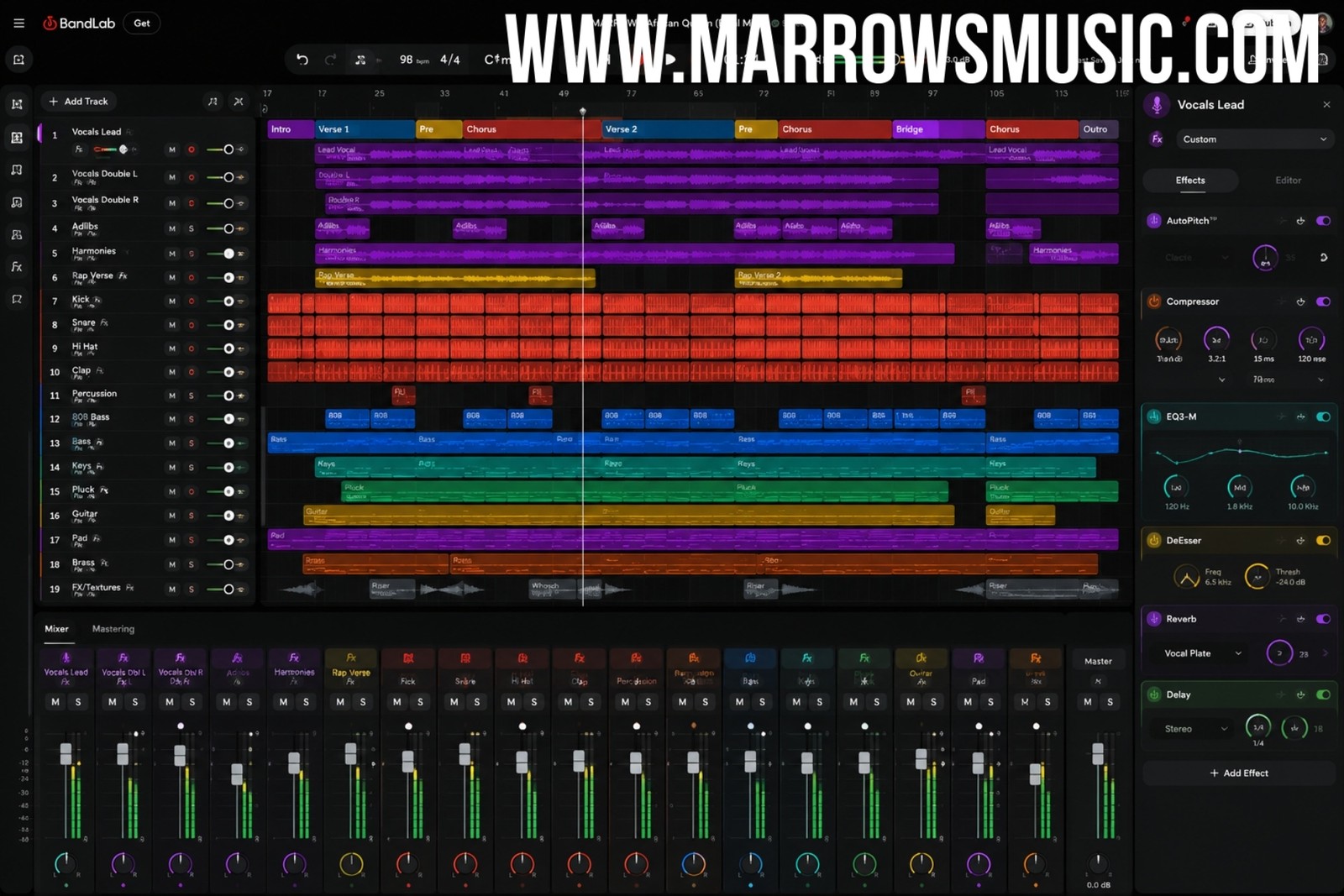 Detailed BandLab-style multitrack mixing session with vocals, drums, instruments, effects and mixer channels