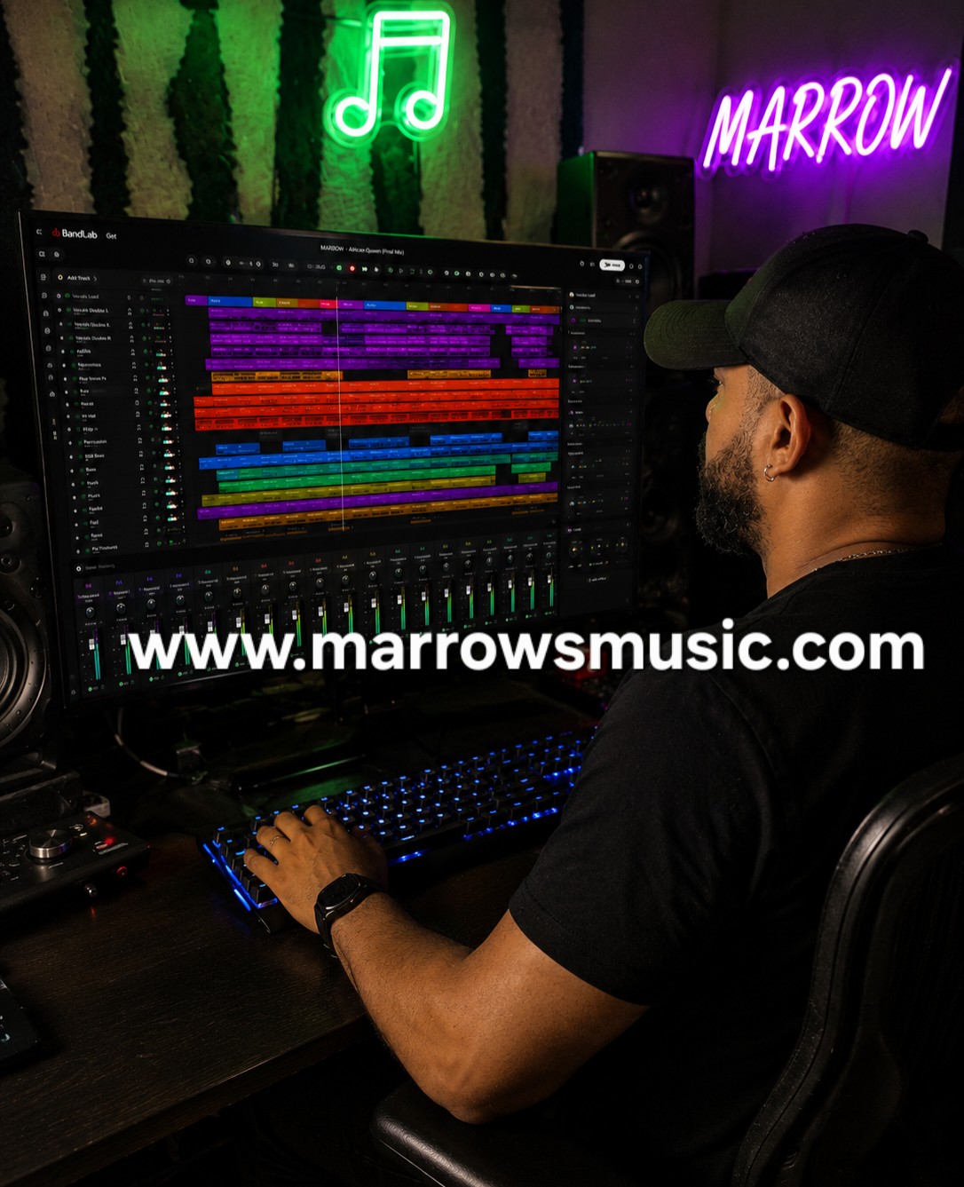 MARROW working at a studio computer on a busy BandLab mixing session